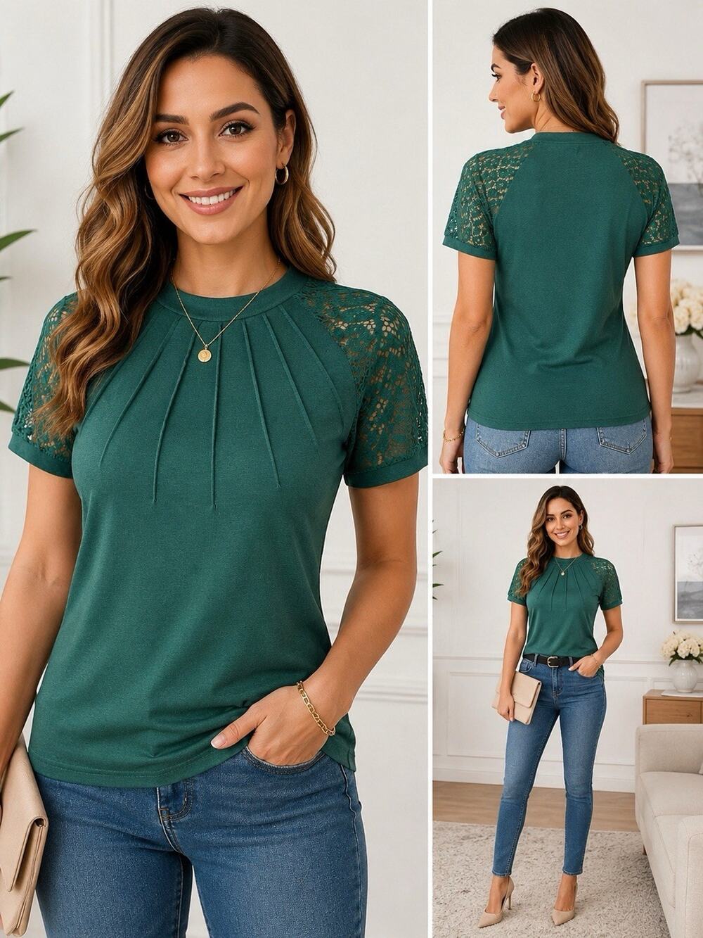 Green Lace Sleeve Pleated Neck Top Women’s Stretch Short Sleeve Blouse
